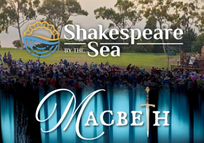 people sitting by lake watching a play - the word "Macbeth" is on the picture